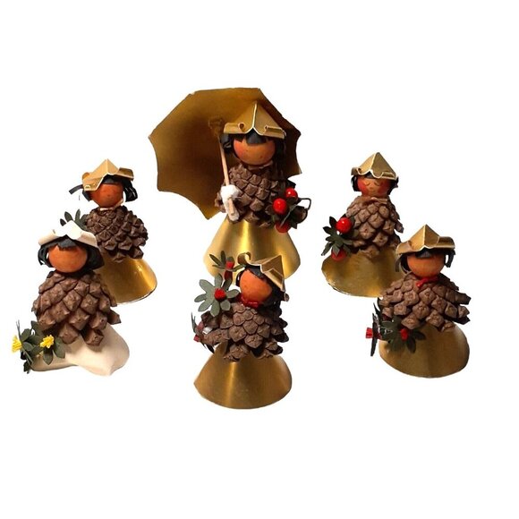 Vintage Cottagecore Pinecone and Paper Girls Christmas Decorations 6 pc set